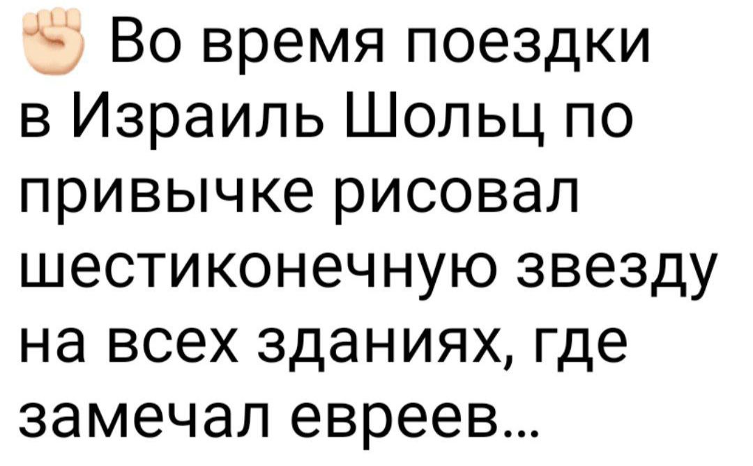 Во время поездки в Израиль Шольц по привычке рисовал шестиконечную звезду на всех зданиях где замечал евреев