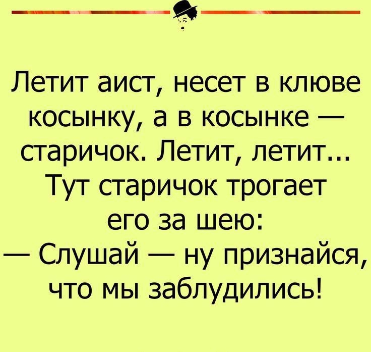 ___ Летит аисг несет в клюве косынку а в косынке старичок Летит летит Тут старичок трогает его за шею Слушай ну признайся что мы заблудились иин Птн