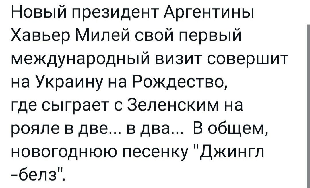 Новый президент Аргентины Хавьер Милей свой первый международный визит совершит на Украину на Рождество где сыграет с Зеленским на рояле в две в два В общем новогоднюю песенку Джингп бепзЧ