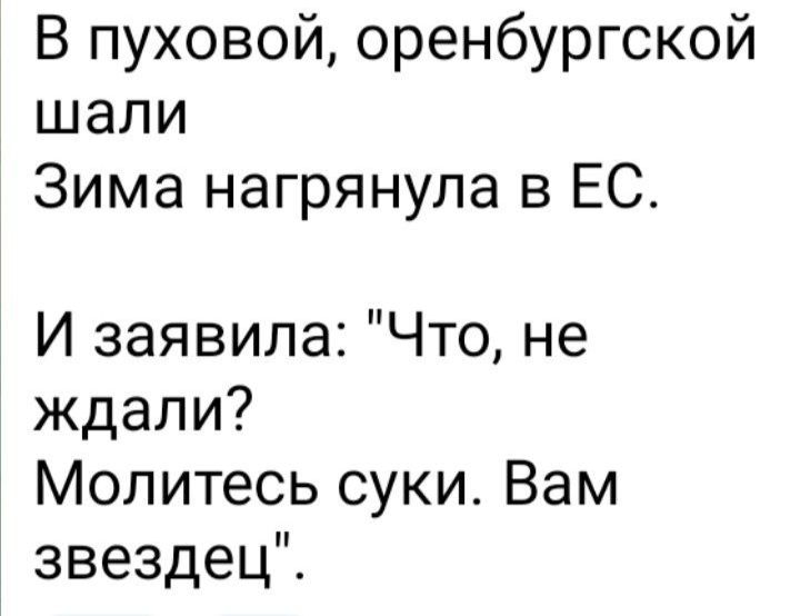 В пуховой оренбургской шали Зима нагрянула в ЕС И заявила Что не ждали Молитесь суки Вам звездец