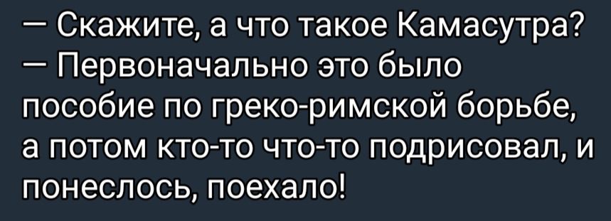 Скажите а что такое Камасутра _ Первоначально ЭТО бЫПО пособие по Греко римской борьбе а ПОТОМ КТО ТО ЧТО ТО подрисовап И ПОНеСПОСЬ ПОЭХЗПО