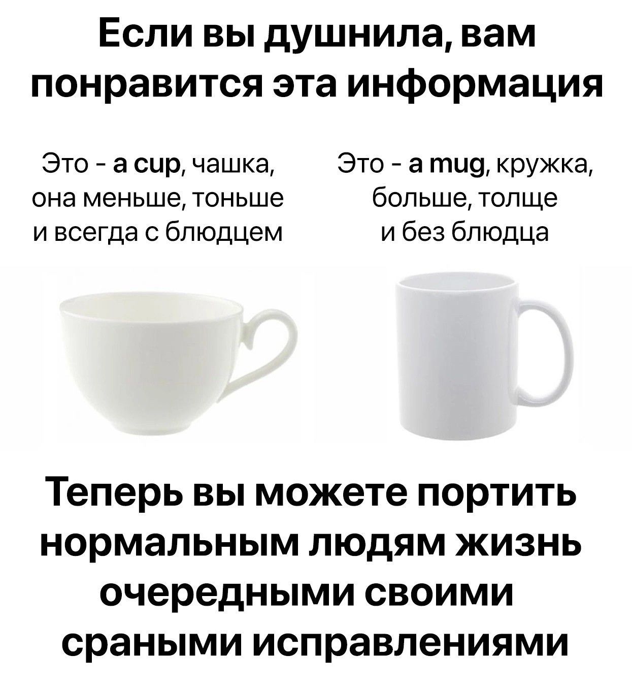 Если вы душнила вам понравится эта информация Это а сир чашка Это а тие кружка она меньше тоньше больше толще и всегда блюдцем и без блюдца Теперь вы можете ПОРТИТЬ нормальным ЛЮДЯМ ЖИЗНЬ очередными СВОИМИ сраными исправлениями