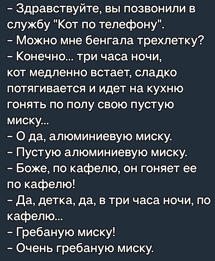 Здравствуйте вы позвонили в службу Кот по телефону Можно мне бенгала трехлетку Конечно три часа ночи кот медленно встает сладко потягивается и идет на кухню гонять по полу свою пустую миску 0 да алюминиевую миску Пустую алюминиевую миску Боже по кафепю он гоняет ее по кафепю Да детка да в три часа ночи по кафелю Гребаную миску Очень гребаную миску