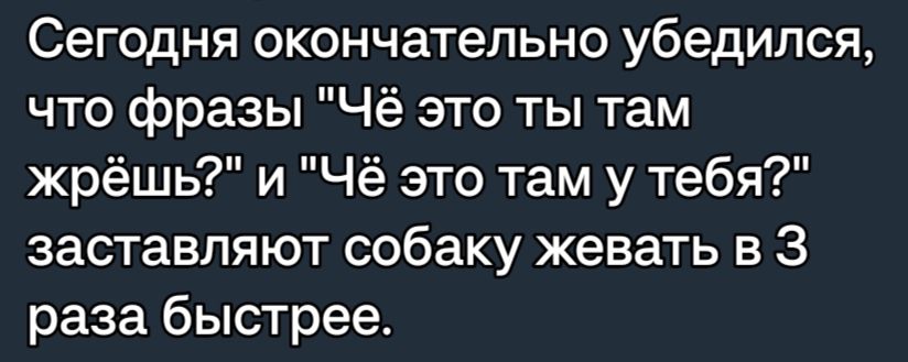 Сегодня окончательно убедился что фразы Чё это ты там жрёшь и Чё это там у тебя заставляют собаку жевать в 3 раза быстрее
