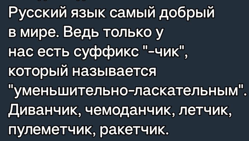 Русский язык самый добрый в мире Ведь только у нас есть суффикс чик который называется уменьшительно ласкательным Диванчик чемоданчик летчик пулеметчик ракетчикт