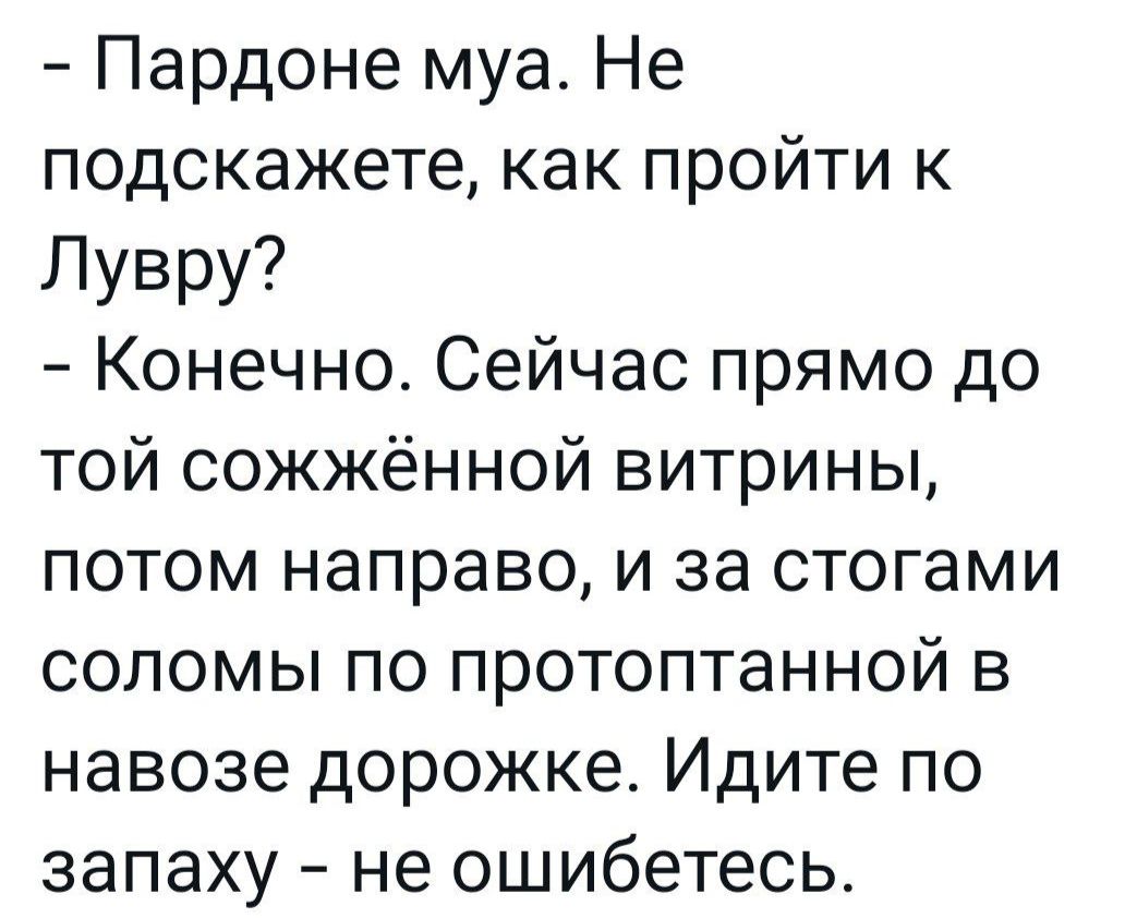 Пардоне муа Не подскажете как пройти к Лувру Конечно Сейчас прямо до той сожжённой витрины потом направо и за стогами соломы по протоптанной в навозе дорожке Идите по запаху не ошибетесь