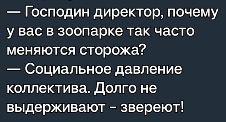 Господин директор почему у вас в зоопарке так часто меняются сторожа Социальное давление коллектива Долго не выдерживают звереют