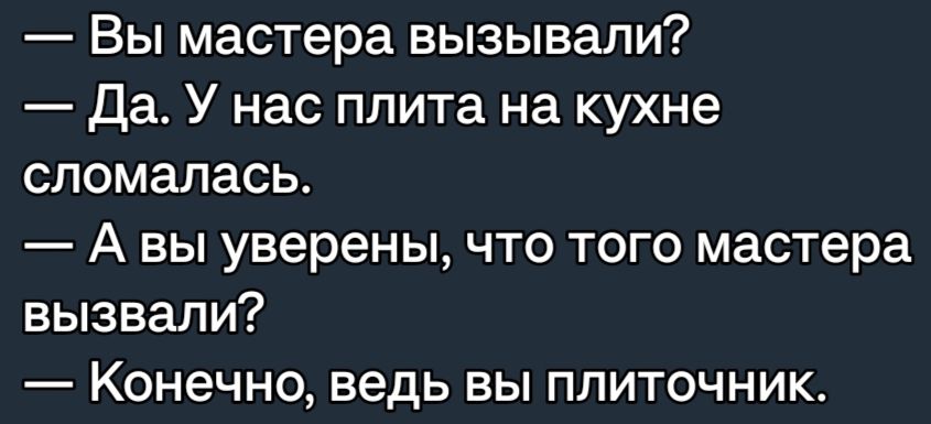 Вы мастера вызывали Да У нас плита на кухне сломалась А вы уверены что того мастера вызвали Конечно ведь вы плиточник