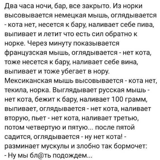 Два часа ночи бар все закрыто Из норки высовывается немецкая мышь оглядывается кота нет несется К бару НЗЛИВЗЕТ себе пива выпивает и летит что есть сип обратно к норке Через минуту показывается французская мышь оглядывается нет кота тоже несется бару наливает себе вина выпивает и тоже убегает в нору Мексиканская мышь высовывается кота нет текила норка Выглядывает русская мышь нет кота бежит к бару