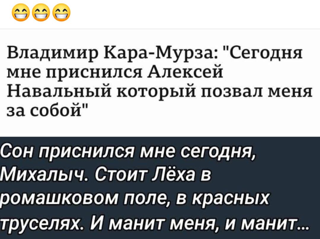 Владимир КараМурза Сегодня мне приснился Алексей Навальный который позвал меня за собой Сон приснился мне сегодня ихалыч Стоит Лёха в омашковом поле В Красных ТРУСЕЛЯХ И МЗНИТ МЕНЯ И МЗНИТ