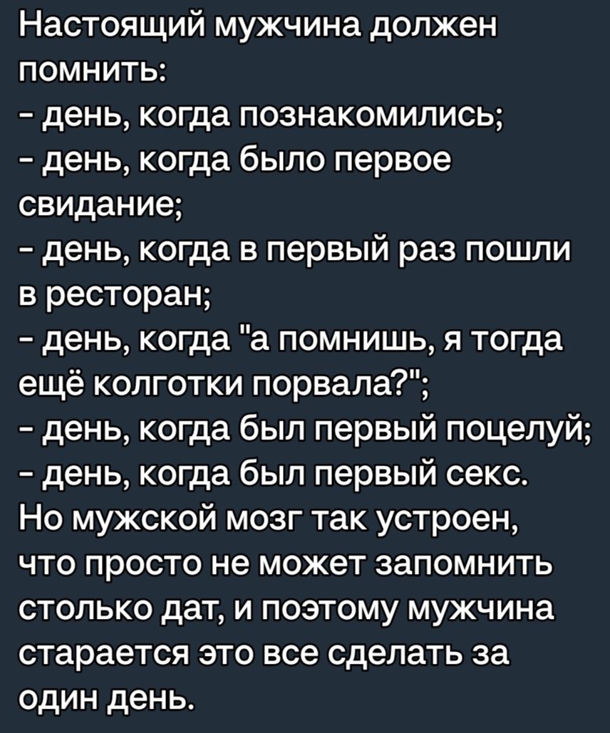 Настоящий мужчина должен ПОМНИТЬ день когда познакомились день когда было первое свидание день когда в первый раз пошли в ресторан день когда а помнишь я тогда ещё колготки порвала день когда был первый поцелуй день когда был первый секс Но мужской мозг так устроен что просто не может запомнить столько дат и поэтому мужчина старается это все сделать за один день