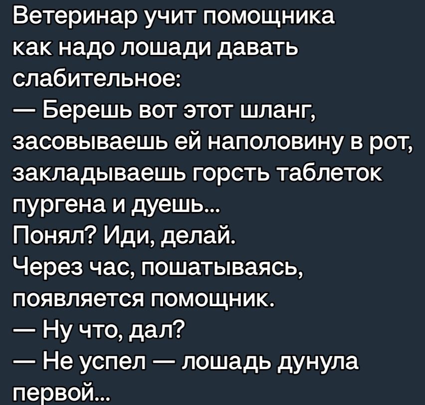 Ветеринар учит помощника как надо лошади давать слабительное Берешь вот этот шланг засовываешь ей наполовину в рот закладываешь горсть таблеток пургена и дуешь Понял Иди делай Через час пошатываясь появляется помощник Ну что дал Не успел лошадь дунула первой