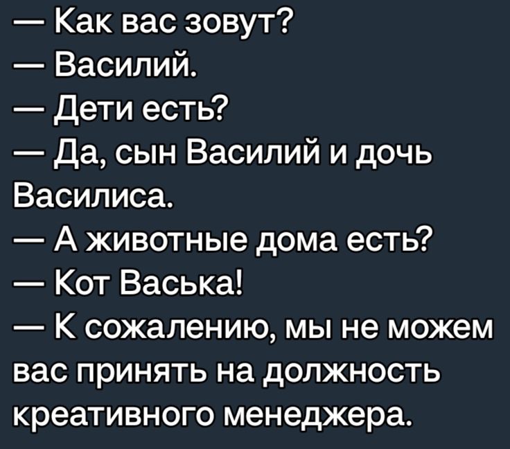 Как вас зовут Василий Дети есть Да сын Василий и дочь Василиса А животные дома есть Кот Васька К сожалению мы не можем вас принять на должность креативного менеджера