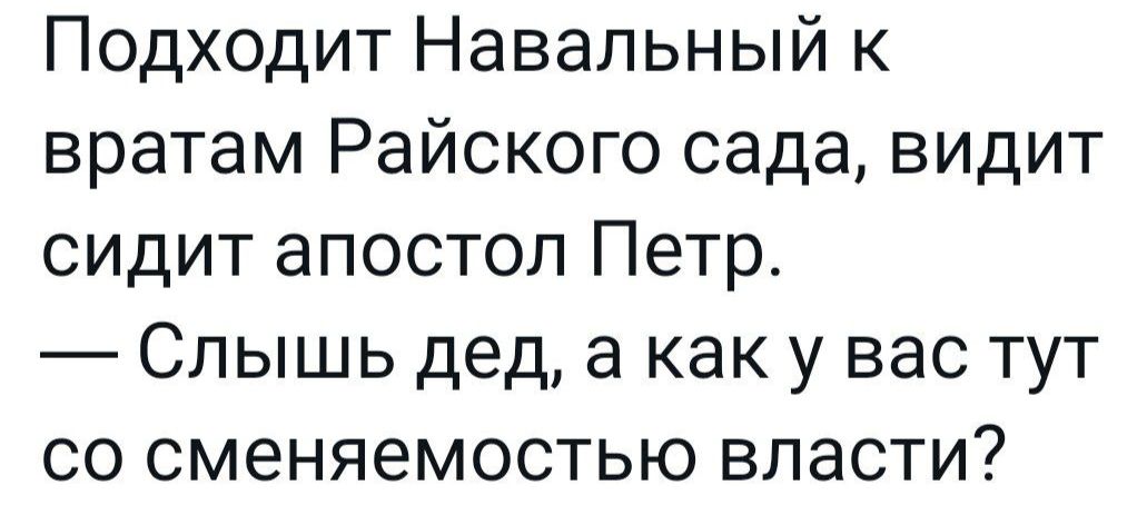 Подходит Навальный к вратам Райского сада видит сидит апостол Петр Слышь дед а как у вас тут со сменяемостью власти