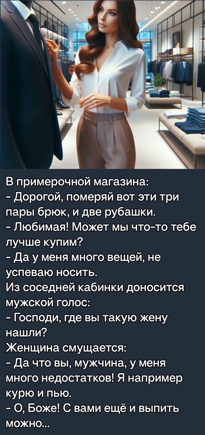 В примерочной магазина Дорогой померяй вот эти три пары брюк и две рубашки Любимая Может мы что то тебе лучше купим Да у меня много вещей не успеваю носить Из соседней кабинки доносится мужской голос Господи где вы такую жену нашли Женщина смущается да что вы мужчина у меня много недостатков Я например курю и пью О Боже С вами ещё и выпить можно