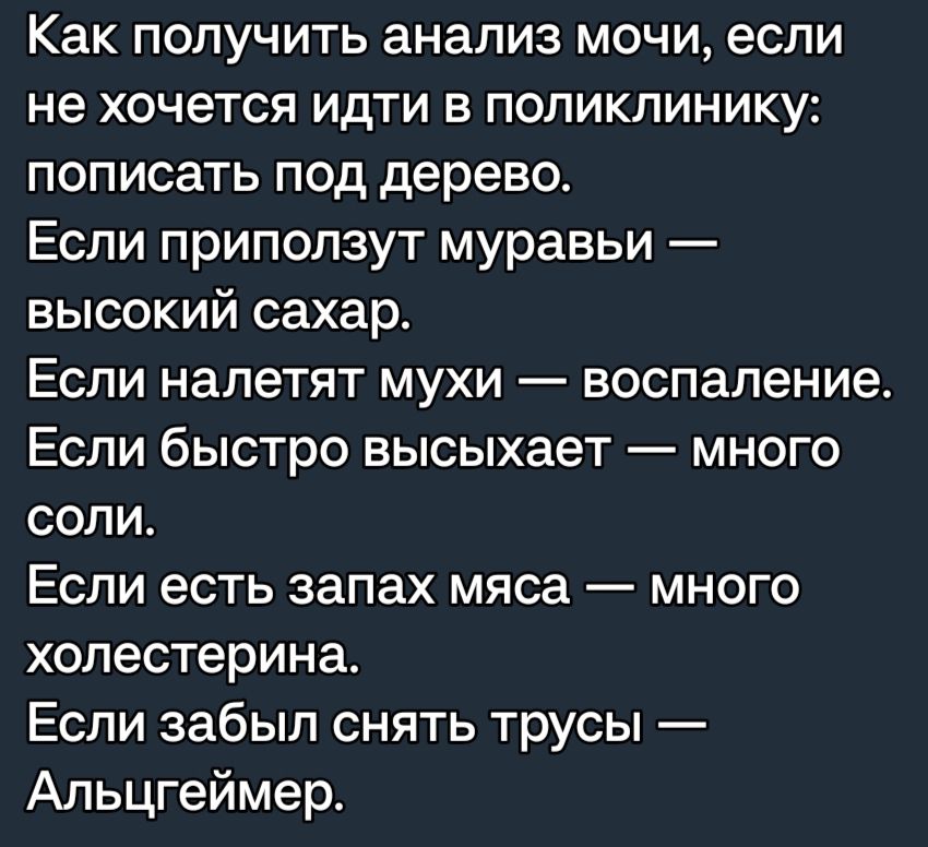 Как получить анализ мочи если не хочется идти в поликлинику пописать под дерево Если приползут муравьи высокий сахар Если напетят мухи воспаление Если быстро высыхает много соли Если есть запах мяса много холестерина Если забыл снять трусы Альцгеймер