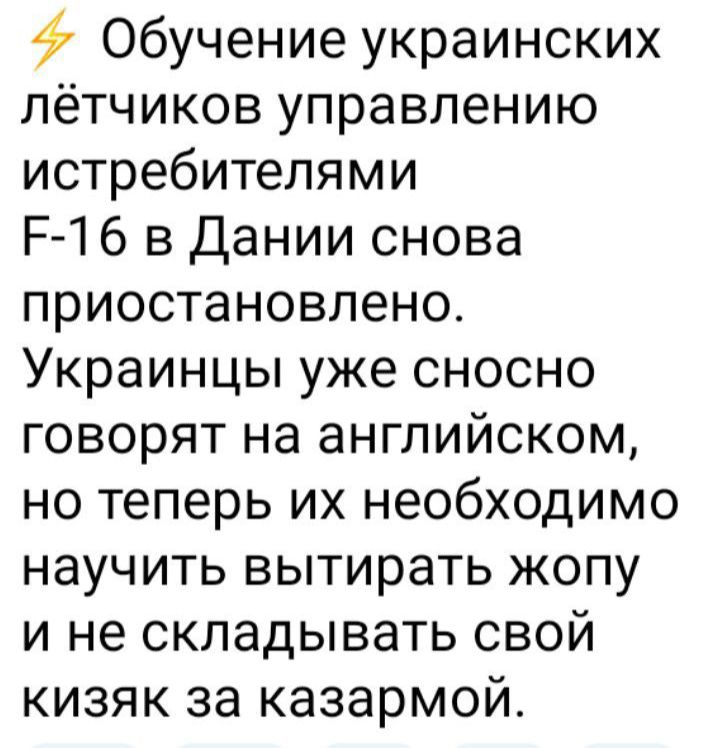 Обучение украинских лётчиков управлению истребителями Р 16 в Дании снова приостановлено Украинцы уже сносно говорят на английском но теперь их необходимо научить вытирать жопу и не складывать свой кизяк за казармой
