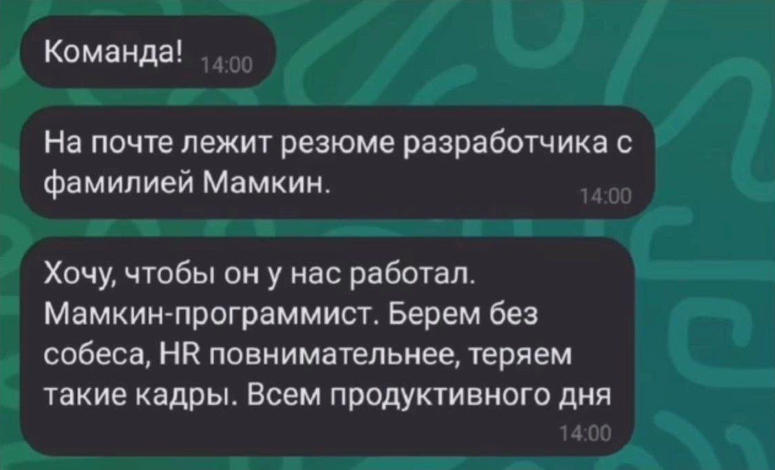 Команда На почте лежит резюме разработчика с Фамилией Мамкии Хочу чтобы он у нас работал Мамкиичпрограммист Берем без собесе НК повнимательнее теряем такие кадры Всем продуктивного дня