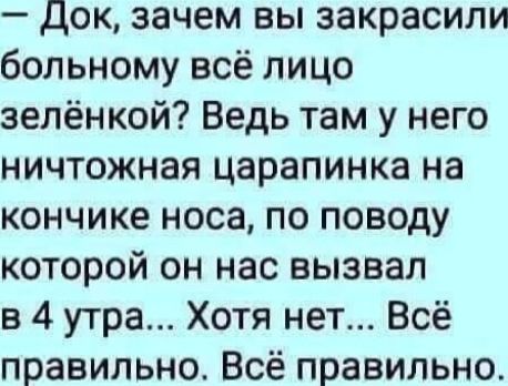 док зачем вы закрасили больному всё лицо зелёнкой Ведь там у него ничтожная царапинка на кончике носа по поводу которой он нас вызвал в 4 утра Хотя нет Всё правильно Всё правильно