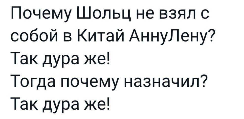 Почему Шольц не взял с собой в Китай АннуЛену Так дура же Тогда почему назначил Так дура же