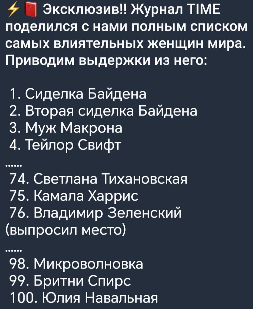 Эксклюзив Журнал ТМЕ поделился с нами полным списком самых влиятельных женщин мира Приводим выдержки из него 1 Сиделка Байдена 2 Вторая сиделка Байдена З Муж Макрона 4 Тейлор Свифт 74 Светлана Тихановская 75 Камапа Харрис 76 Владимир Зеленский выпросил место 98 Микроволновка 99 Бритни Спирс 100 Юлия Навальная