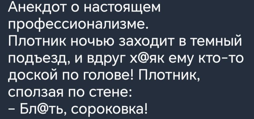 Анекдот о настоящем профессионализме Ппотник ночью заходит в темный подъезд и вдруг хяк ему кто то доской по голове Плотник спопзая по стене Бпть сороковка