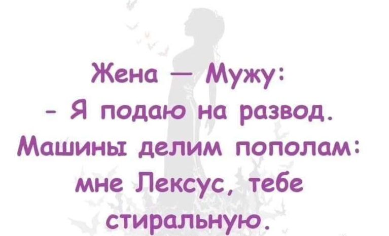 Жена Мужу Я подаю на развод Машины делим пополам мне Лексус тебе стиральную