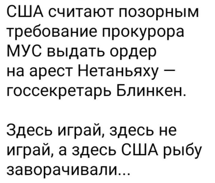 США считают позорным требование прокурора МУС выдать ордер на арест Нетаньяху госсекретарь Блинкен Здесь играй здесь не играй а здесь США рыбу заворачивали