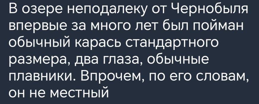 В озере неподалеку от Чернобыля впервые за много пет был пойман обычный карась стандартного размера два глаза обычные плавники Впрочем по его словам он не местный