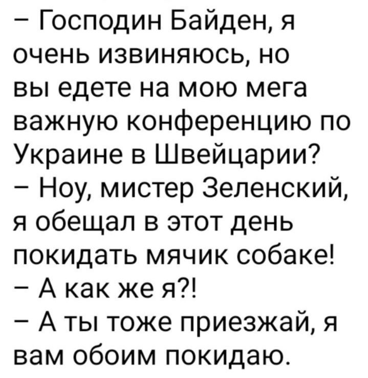 Господин Байден я очень извиняюсь но вы едете на мою мега важную конференцию по Украине в Швейцарии Ноу мистер Зеленский я обещал в этот день покидать мячик собаке А как же я А ты тоже приезжай я вам обоим покидаю