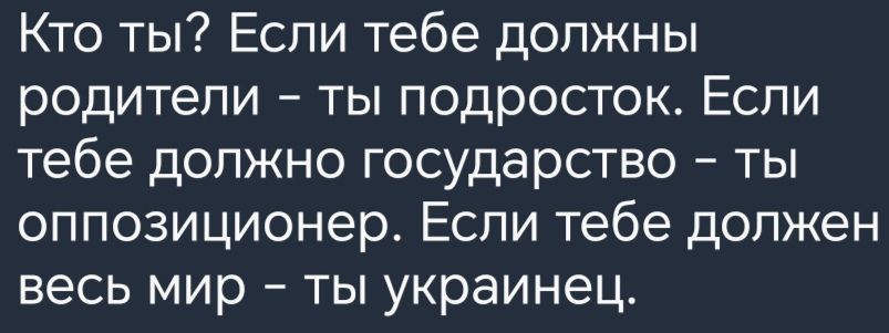 Кто ты Если тебе должны родители ты подросток Если тебе должно государство ты оппозиционер Если тебе допжен весь мир ты украинец