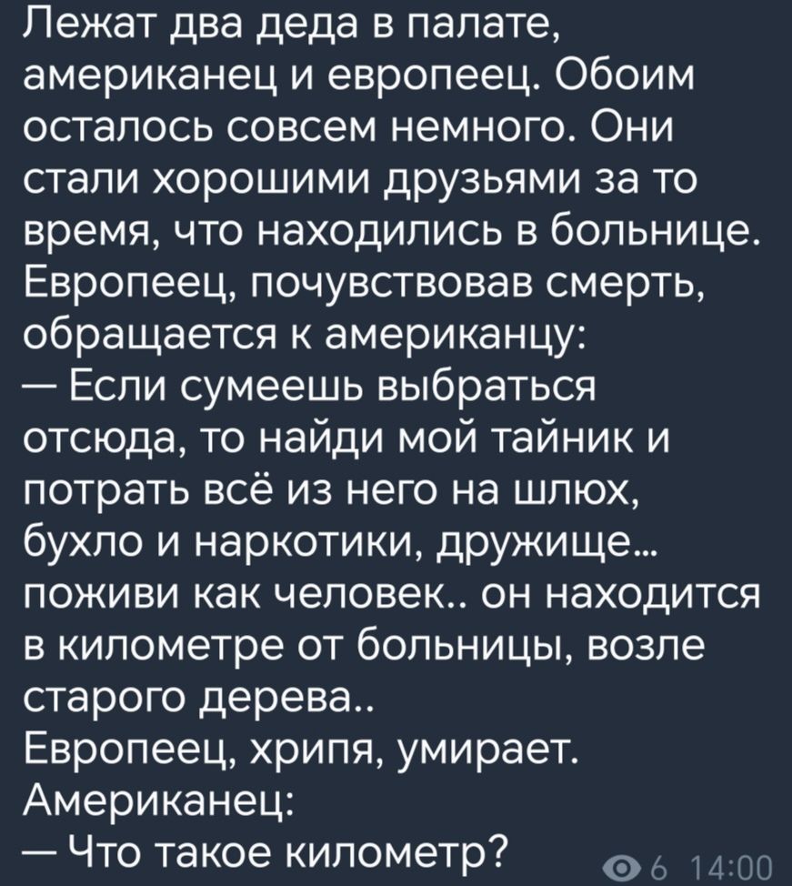 Лежат два деда в палате американец и европеец Обоим осталось совсем немного Они стали хорошими друзьями за то время что находились в больнице Европеец почувствовав смерть обращается к американцу Еспи сумеешь выбраться отсюда то найди мой тайник и потрать всё из него на шпюх бухло и наркотики дружище поживи как человек он находится в километре от больницы возле старого дерева Европеец хрипя умирает