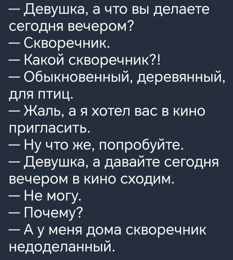 Девушка а что вы делаете сегодня вечером Скворечник Какой скворечник Обыкновенный деревянный для птиц Жаль а я хотел вас в кино пригласить Ну что же попробуйте Девушка а давайте сегодня вечером в кино сходим Не могу Почему А у меня дома скворечник недоделанный