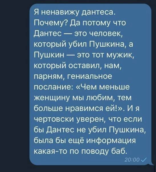 Я ненавижу дантеса Почему Да потому что Дантес это человек который убил Пушкина а Пушкин это тот мужик который оставил нам парням гениальное послание Чем меньше женщину мы любим тем больше нравимся ей И я чертовски уверен что если бы Дантес не убил Пушкина была бы ещё информация какаято по поводу баб чт