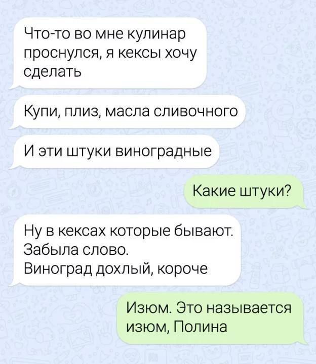 ЧТО ТО во мне Кулинар ПрОСНуЛСЯ Я кексы ХОЧУ сделать Купи плиз масла сливочного И эти штуки виноградные Какие штуки Ну В кексах которые бывают Забыла слово Виноград дохлый короче Изюм Это называется изюм Полина