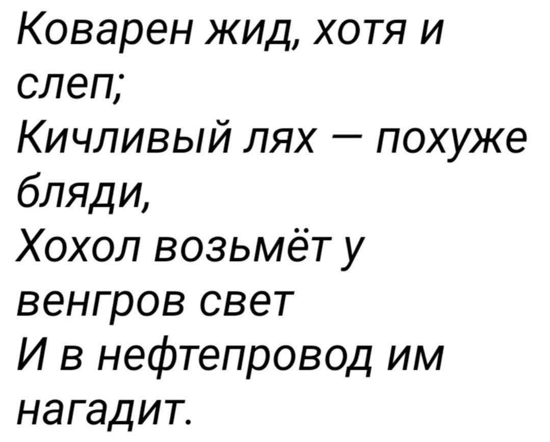 Коварен жид хотя и слеп Кичливый лях похуже бляди Хохол возьмёт у венгров свет И в нефтепровод им нагадит
