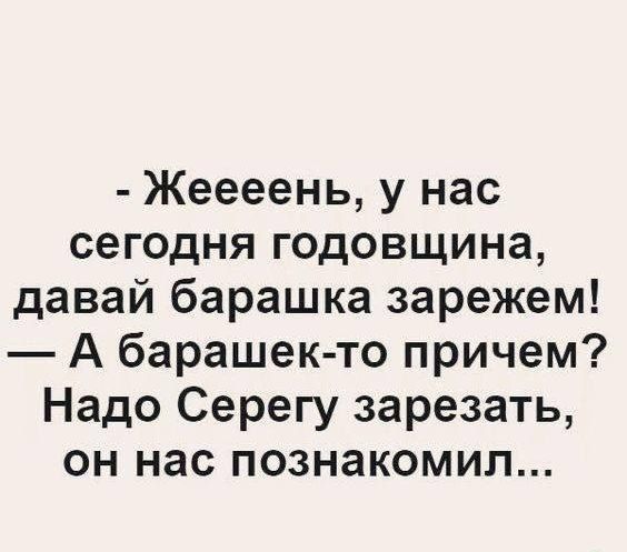 Жеееень у нас сегодня годовщина давай барашка зарежем А барашек то причем Надо Серегу зарезать он нас познакомил