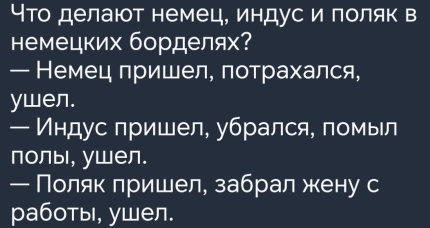 Что делают немец индус и поляк в немецких бордепях Немец пришел потрахапся ушел Индус пришел убрался помыл полы ушел Поляк пришел забрал жену с работы ушел