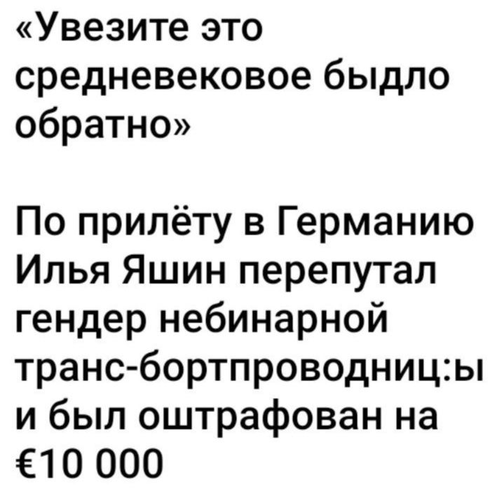 Увезите это средневековое быдло обратно По припёту в Германию Илья Яшин перепутал гендер небинарной транс бортпроводницы и был оштрафован на 10 000