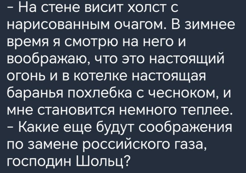 На стене висит холст с нарисованным очагом В зимнее время я смотрю на него и воображаю что это настоящий огонь и в котелке настоящая баранья похлебка с чесноком и мне становится немного теплее Какие еще будут соображения по замене российского газа господин Шопьц