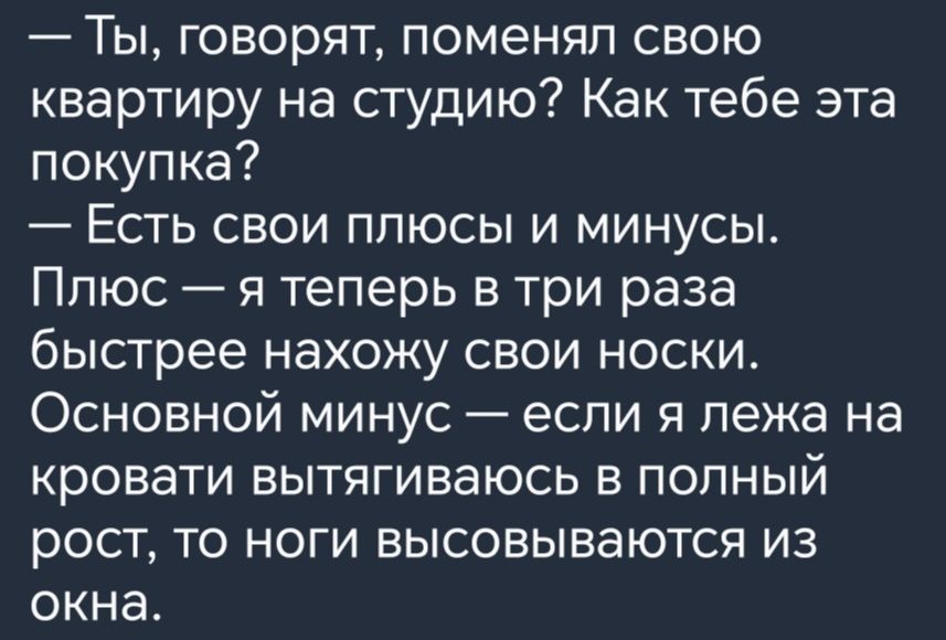 Ты говорят поменял свою квартиру на студию Как тебе эта покупка Есть свои плюсы и минусы Плюс я теперь в три раза быстрее нахожу свои носки Основной минус если я лежа на кровати вытягиваюсь в полный рост то ноги высовываются из окна