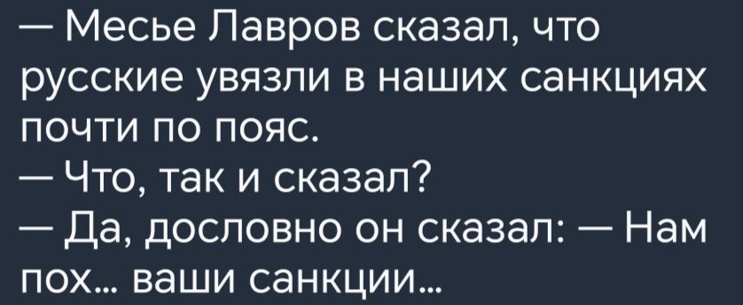 Месье Лавров сказал что русские увязли в наших санкциях почти по пояс Что так и сказал Да дословно он сказал Нам пох ваши санкции