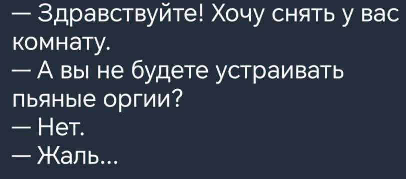 Здравствуйте Хочу снять у вас комнату Авы не будете устраивать пьяные оргии Нет Жаль