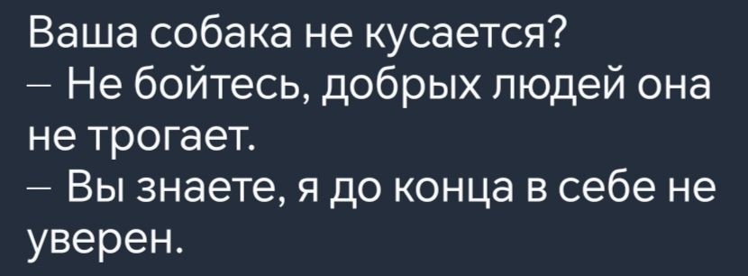 Ваша собака не кусается Не бойтесь добрых людей она не трогает Вы знаете я до конца в себе не уверен