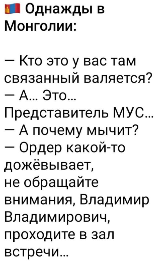 ша Однажды в Монголии Кто это у вас там связанный валяется А Это Представитель МУС А почему мычит Ордер какой то дожёвывает не обращайте внимания Владимир Владимирович проходите в зал встречи