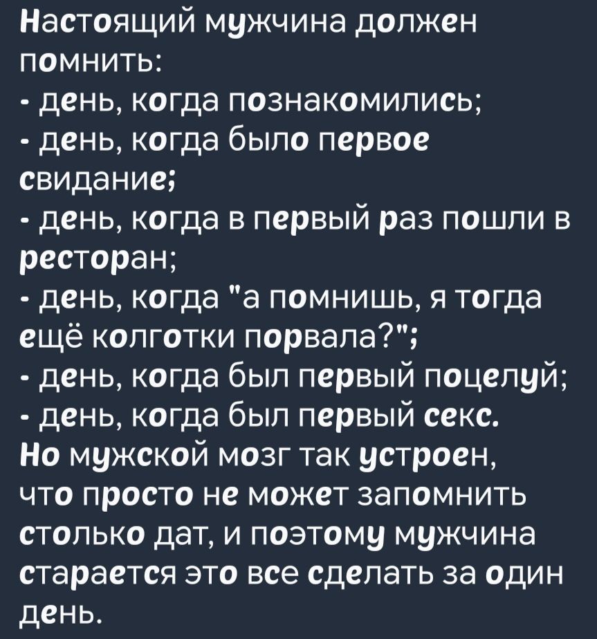 Настоящий мужчина должен помнить день когда познакомились день когда было первое свидание день когда в первый раз пошли в ресторан день когда а помнишь я тогда ещё колготки порвала день когда был первый поцелуй день когда был первый секс Но мужской мозг так устроен что просто не может запомнить столько дат и поэтому мужчина старается это все сделат