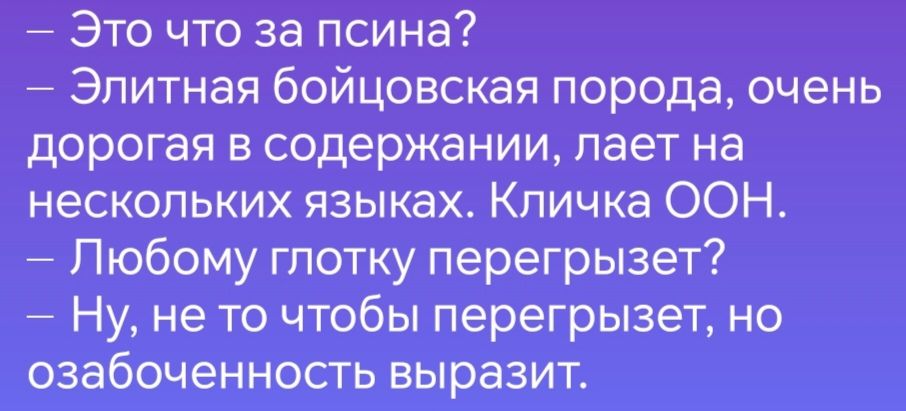 Это что за псина Элитная бойцовская порода очень дорогая в содержании лает на нескольких языках Кличка ООН Любому глотку перегрызет Ну не то чтобы перегрызет но озабоченность выразит