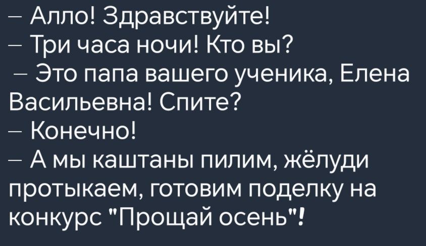 Алло Здравствуйте Три часа ночи Кто вы Это папа вашего ученика Елена Васильевна Спите Конечно А мы каштаны пилим жёлуди протыкаем готовим поделку на конкурс Прощай осень