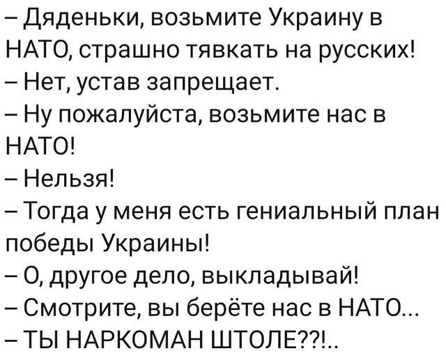 Дяденьки возьмите Украину в НАТО страшно тявкать на русских Нет устав запрещает Ну пожалуйста возьмите нас в НАТО Нельзя Тогда у меня есть гениальный план победы Украины О другое дело выкладывай Смотрите вы берёте нас в НАТО ТЫ НАРКОМАН ШТОЛЕ