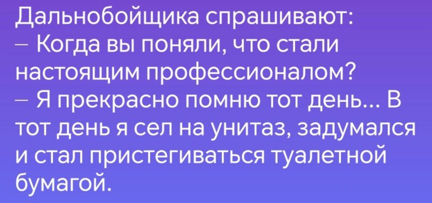 Дальнобойщика спрашивают Когда вы поняли что стали настоящим профессионалом Я прекрасно помню тот день В тот день я сел на унитаз задумался и стал пристегиваться туалетной бумагой